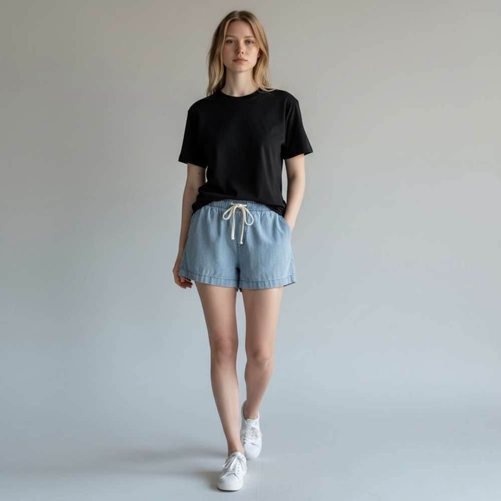 Madewell Chambray Denim Pull On Mid Rise Drawstring Shorts Size M